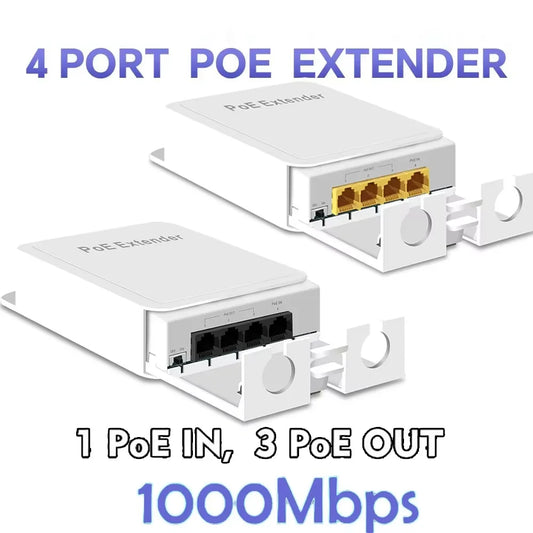 Extensor PoE 4 Portas Gigabit Repetidor IP55 - 100/1000Mbps VLAN 44-57V Externo Câmera Wireless AP
