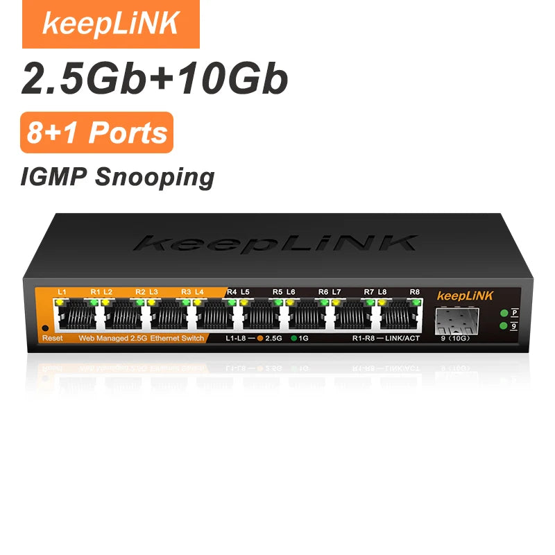 Switch Gerenciado KeepLiNK KP-9000 9 Portas 8x 2.5Gb RJ45 + 1x 10Gb SFP+ Web Managed VLAN QoS IGMP Snooping - KeepLiNK