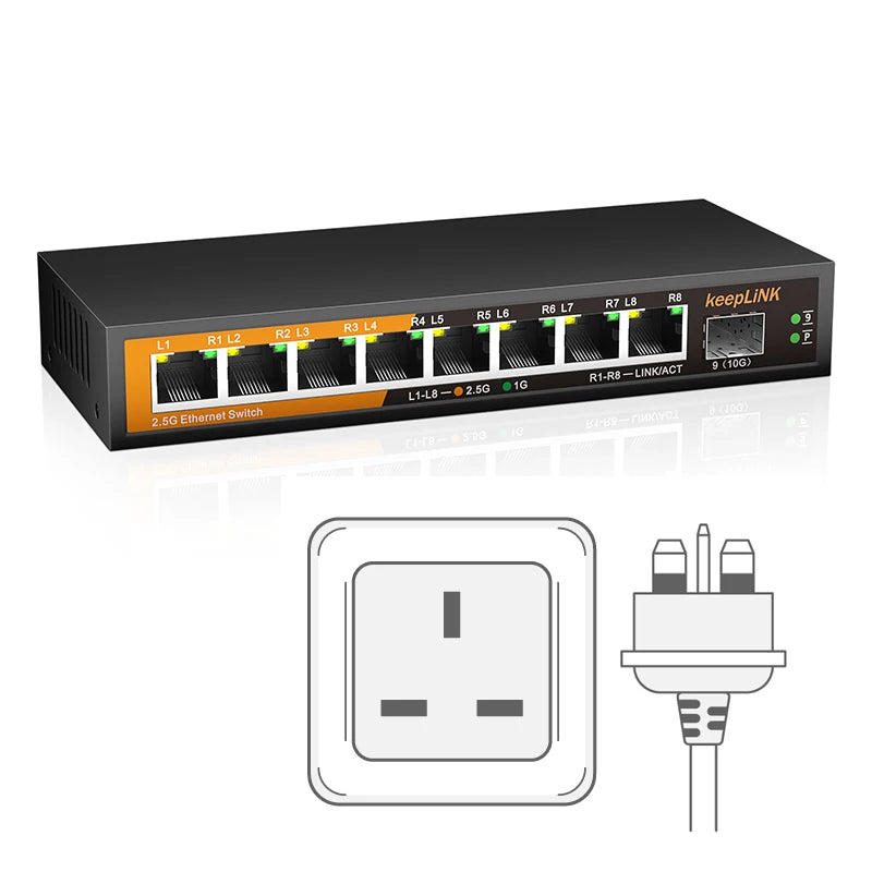 Switch 2.5Gbps KeepLiNK 9 Portas Fanless - 8x 2.5G RJ45 + 1x 10Gb SFP+ 60Gbps VLAN Metal