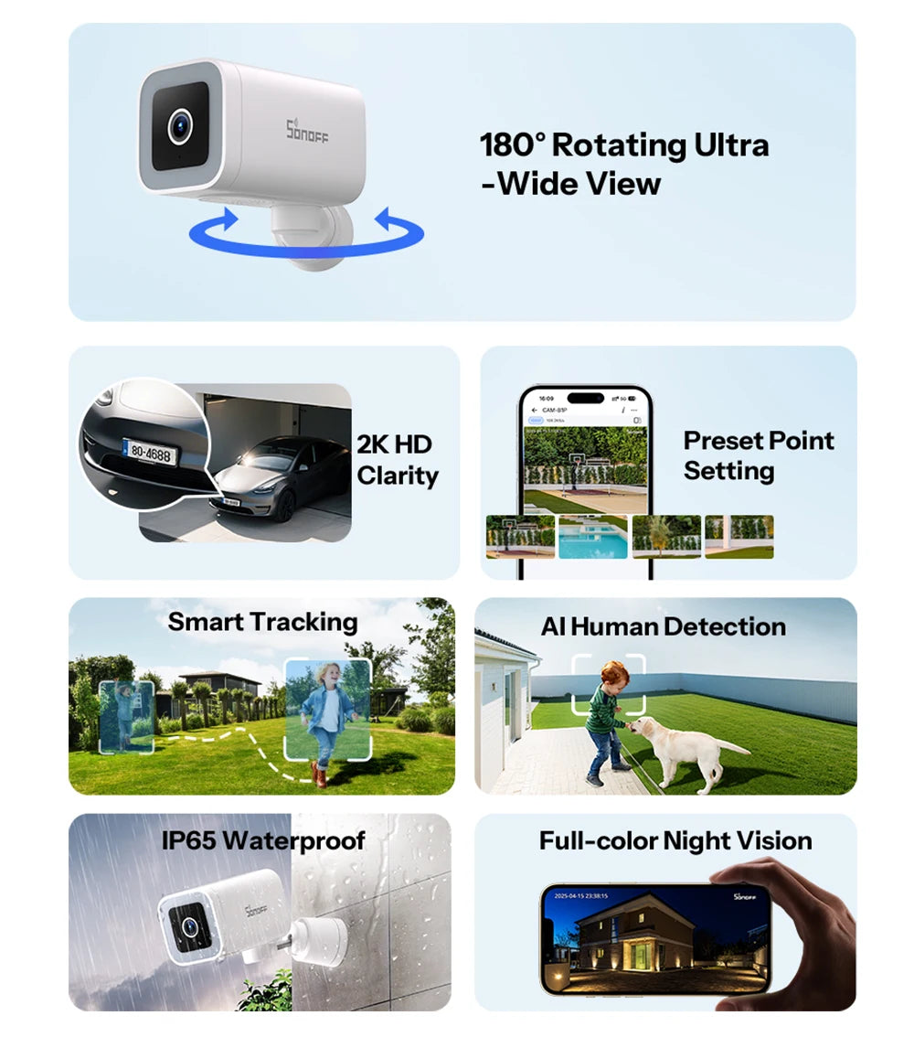 Câmera de Segurança Externa Inteligente SONOFF CAM-B1P 2K HD com Detecção Humana IA IP65 À Prova D'água Rastreamento Inteligente e Visão Noturna Colorida