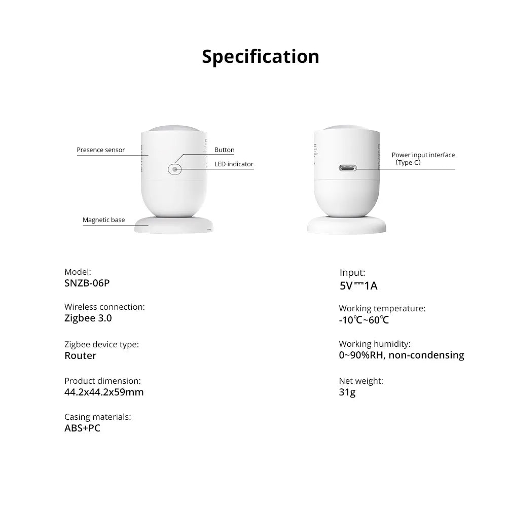 Sensor de Presença Humana SONOFF SNZB-06P Zigbee - Radar 5.8GHz - Detecta Movimento e Pessoa Parada - Alexa