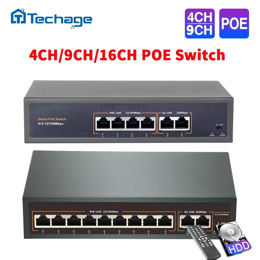 Switch POE Techage 4/9/16 Portas 52V IEEE 802.3 af/at para Câmeras IP e Dispositivos de Rede