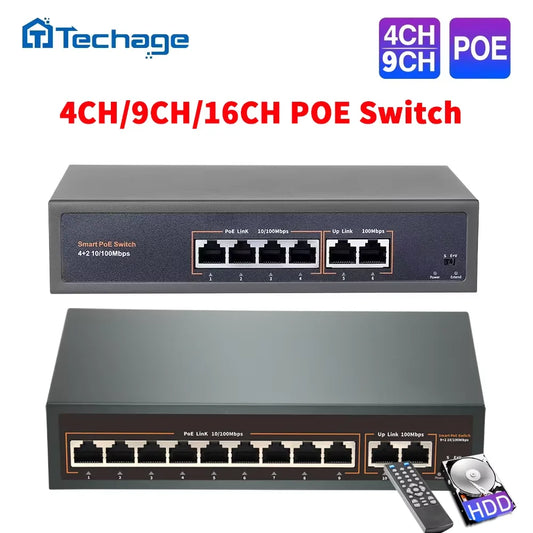 Switch POE Techage 4/9/16 Portas 52V IEEE 802.3 af/at para Câmeras IP e Dispositivos de Rede