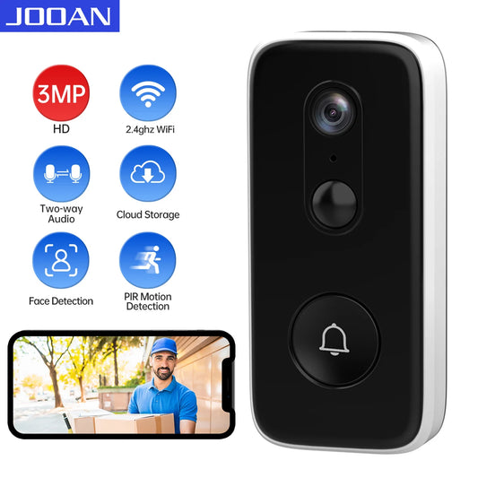Vídeo Porteiro Wi-Fi JOOAN 3MP - Campainha Inteligente com Bateria e Detecção PIR