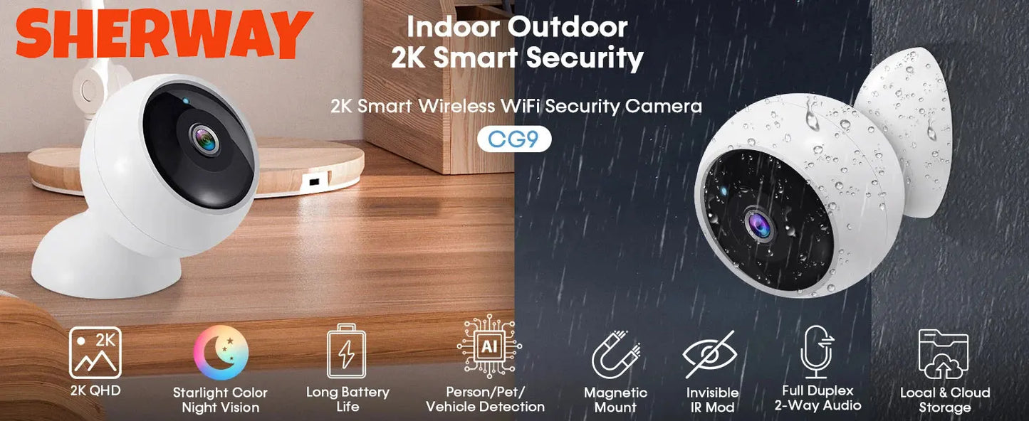 Câmera de Segurança Sherway 2K 5MP WiFi Magnética com Bateria 5800mAh, Detecção Humana IA, Visão Noturna Colorida e IP66
