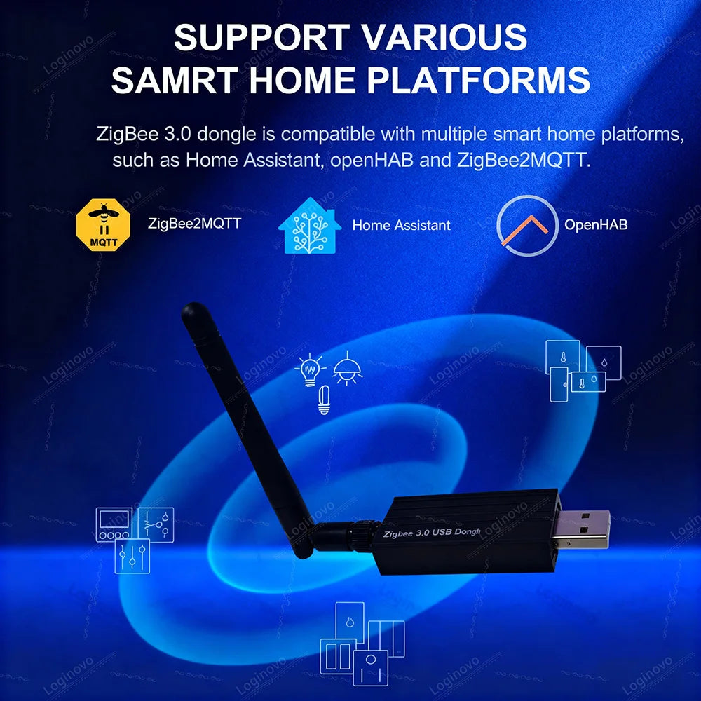Gateway Zigbee 3.0 USB Dongle Universal com Antena Home Assistant Zigbee2MQTT OpenHAB Loginovo