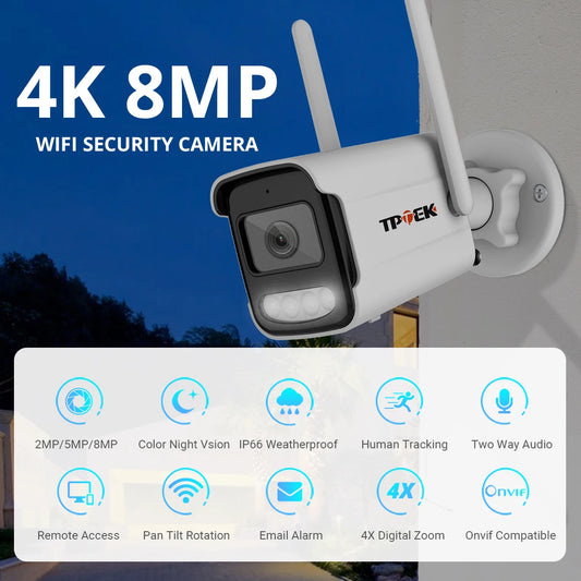 Câmera TPTEK 8MP 4K WiFi IP Bullet com IA Humana Visão Noturna 30m ONVIF IP66
