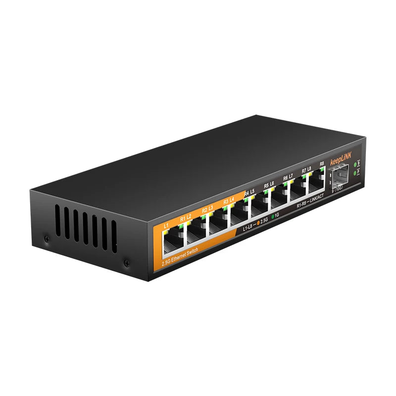 Switch 2.5Gbps KeepLiNK 9 Portas Fanless - 8x 2.5G RJ45 + 1x 10Gb SFP+ 60Gbps VLAN Metal