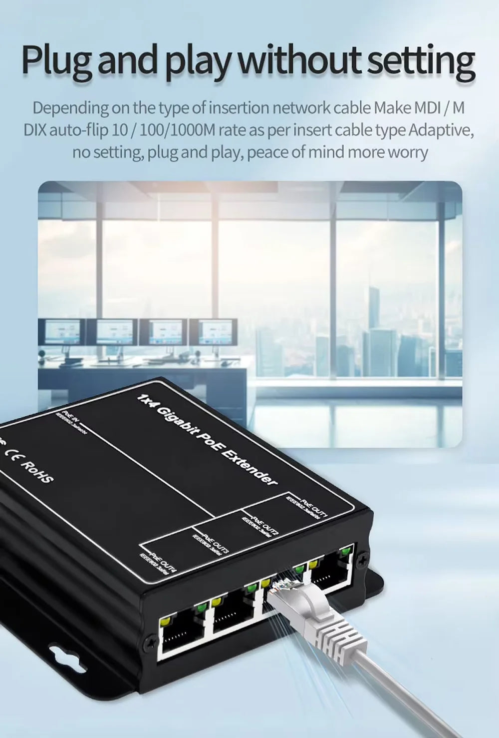 Extensor PoE Gigabit HSmartcam 4 Portas 90W - Repetidor IEEE 802.3af 100/1000Mbps Plug & Play Câmera IP NVR