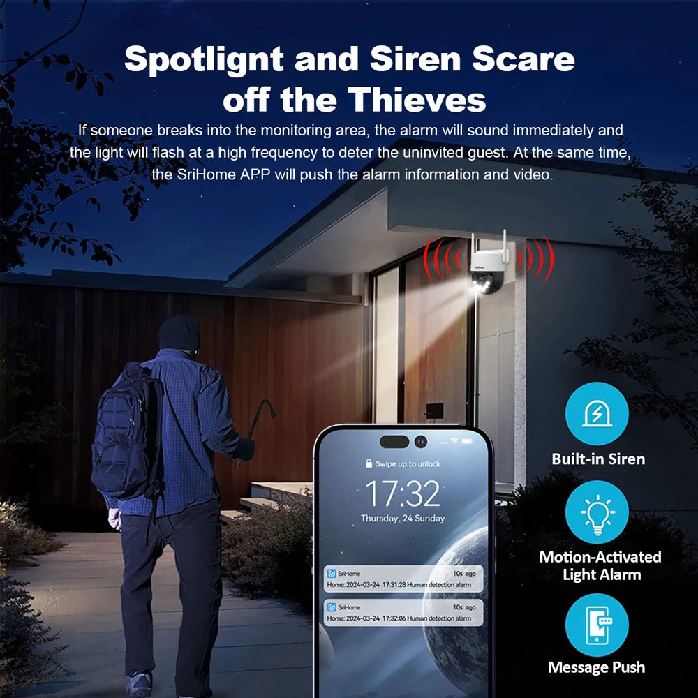 Srihome 8MP 4K WiFi PTZ Câmera Smart Color Night Vision IP66 Segurança externa 360 °   Cobertura Smart Auto Tracking SH072