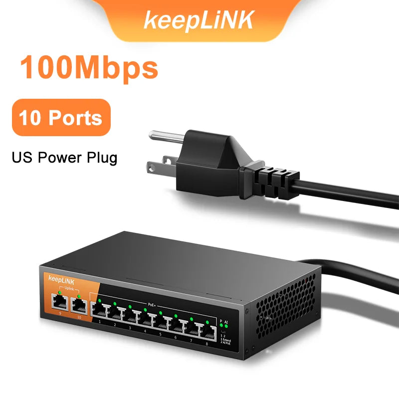 Switch Fast Ethernet PoE KeepLiNK 10 Portas Fanless - 8 PoE+ 2 Uplink IEEE 802.3af/at 135W 10/100Mbps