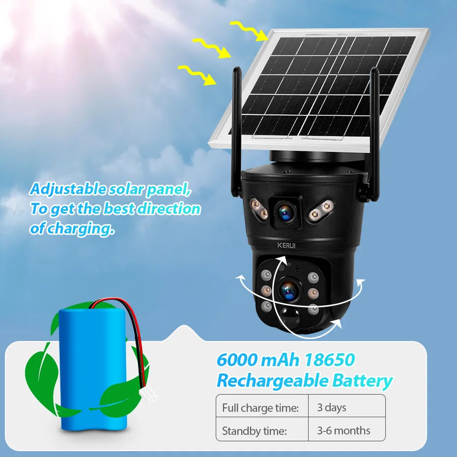 Câmera Solar WiFi/4G 6MP Lente Dupla À Prova D'Água com Painel Solar - Kerui D05