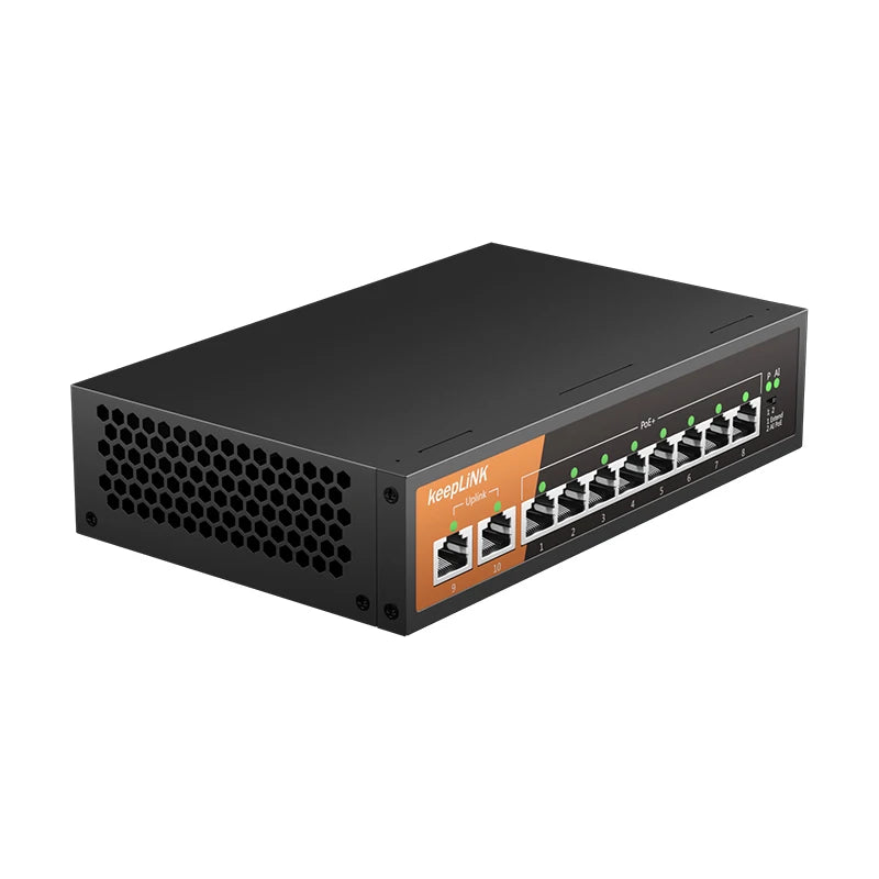 Switch Fast Ethernet PoE KeepLiNK 10 Portas Fanless - 8 PoE+ 2 Uplink IEEE 802.3af/at 135W 10/100Mbps