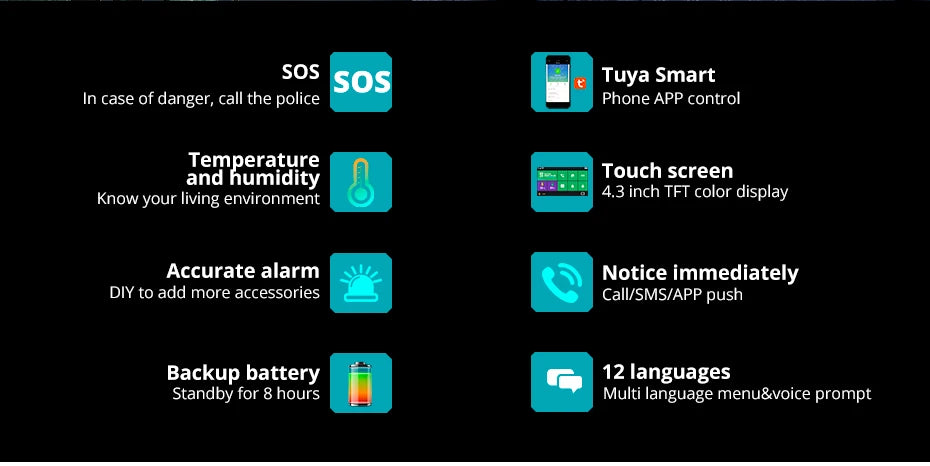Central de Alarme KERUI G64B 4G WiFi Tela Touch 4.3" com Tuya Smart 100 Zonas Temperatura Umidade - KERUI