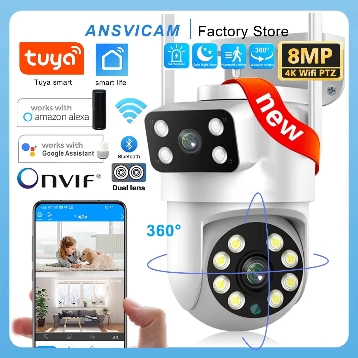 Câmera PTZ WiFi Lente Dupla 4MP/8MP | Rastreamento Automático, Visão 360° e IA – ANSVICAM