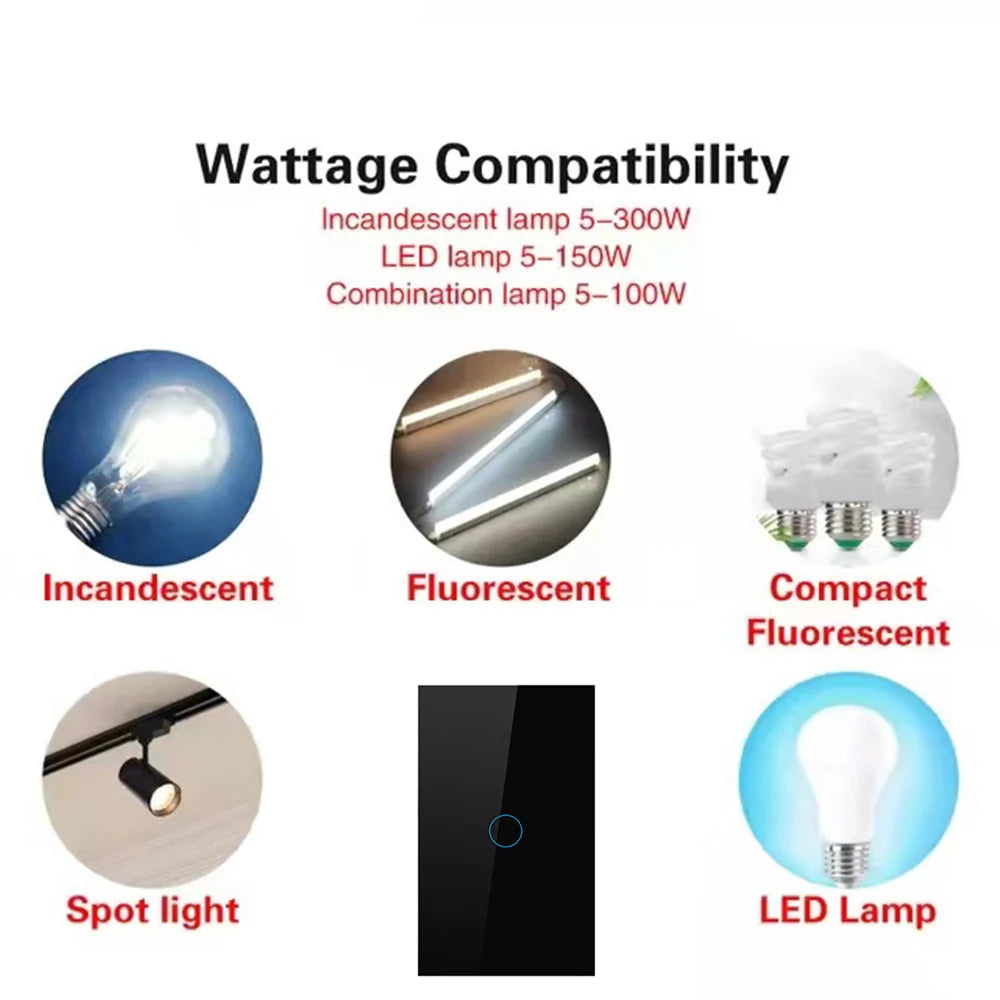 Interruptor Touch Parede Vidro Cristal Temperado LED 1/2/3 Gang Bivolt 100-240V QIRONG