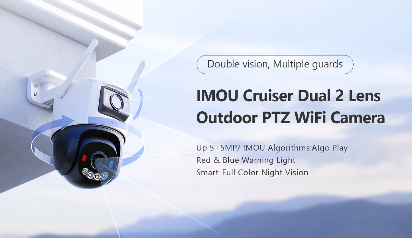 Câmera IMOU Cruiser Dual 2 10MP PTZ WiFi com Lente Dupla, Luz de Alerta Vermelha e Azul, Detecção de Veículos e Pessoas