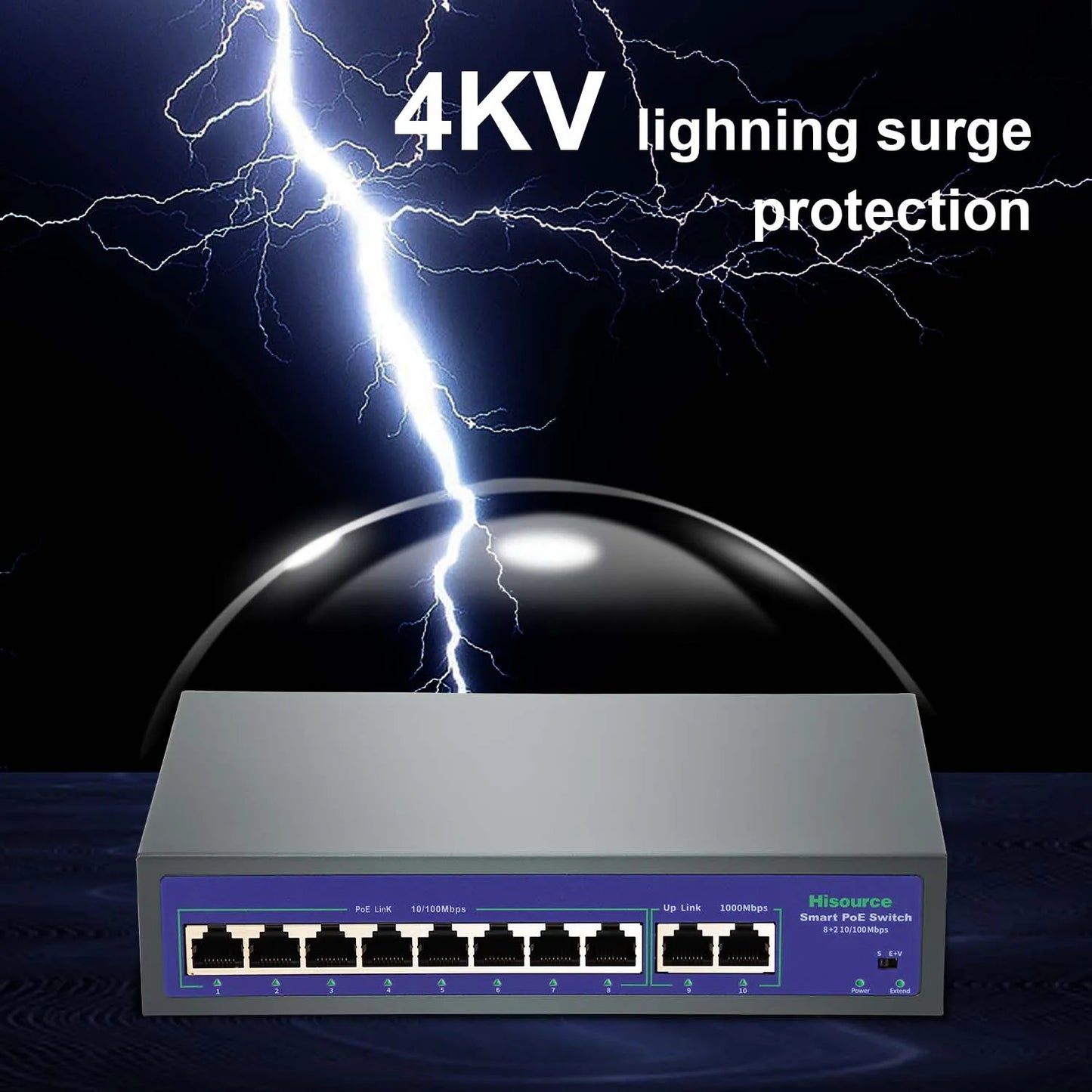 Switch PoE Fast Ethernet 10 Portas 120W - IEEE 802.3af/at 10/100Mbps VLAN Proteção Raios Câmeras IP