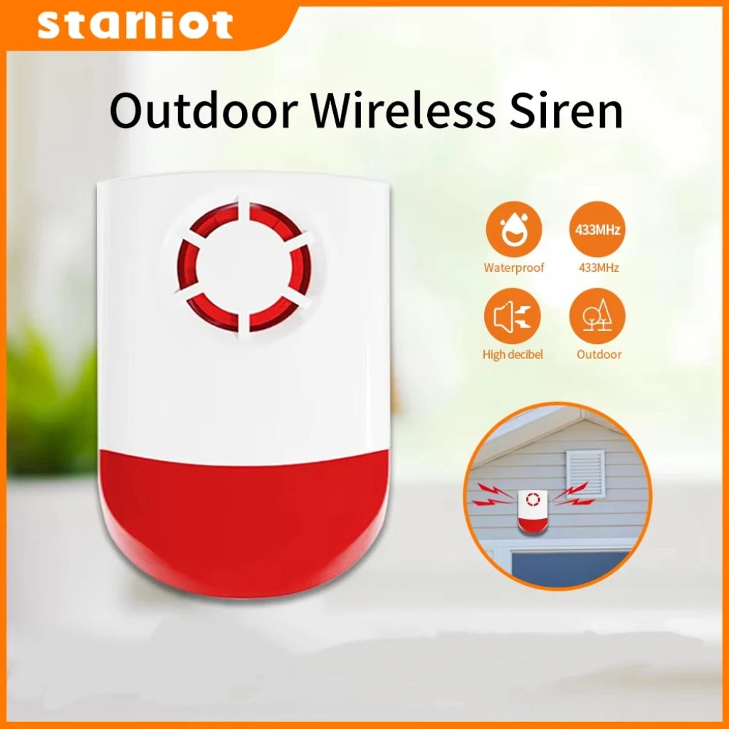 Sirene de Alarme Staniot 433MHz - 120dB com Luz Estroboscópica para Uso Externo