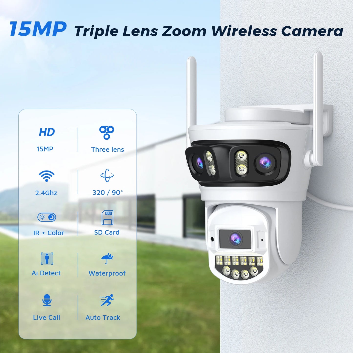 BESDER 15MP Wifi Câmera IP PTZ 10MP Três Tela 180 °   Proteção de segurança CCTV de 8MP com rastreamento automático externo grande angular O-Kam Pro