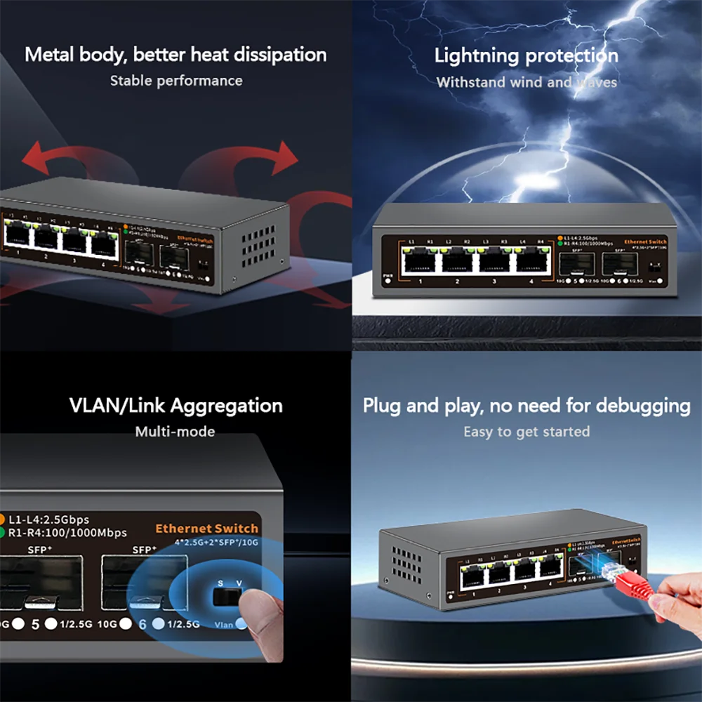 Switch 2.5Gbps 6 Portas - 4x 2.5G RJ45 + 2x 10G SFP+ 60Gbps VLAN Proteção Raios 4KV Empilhável