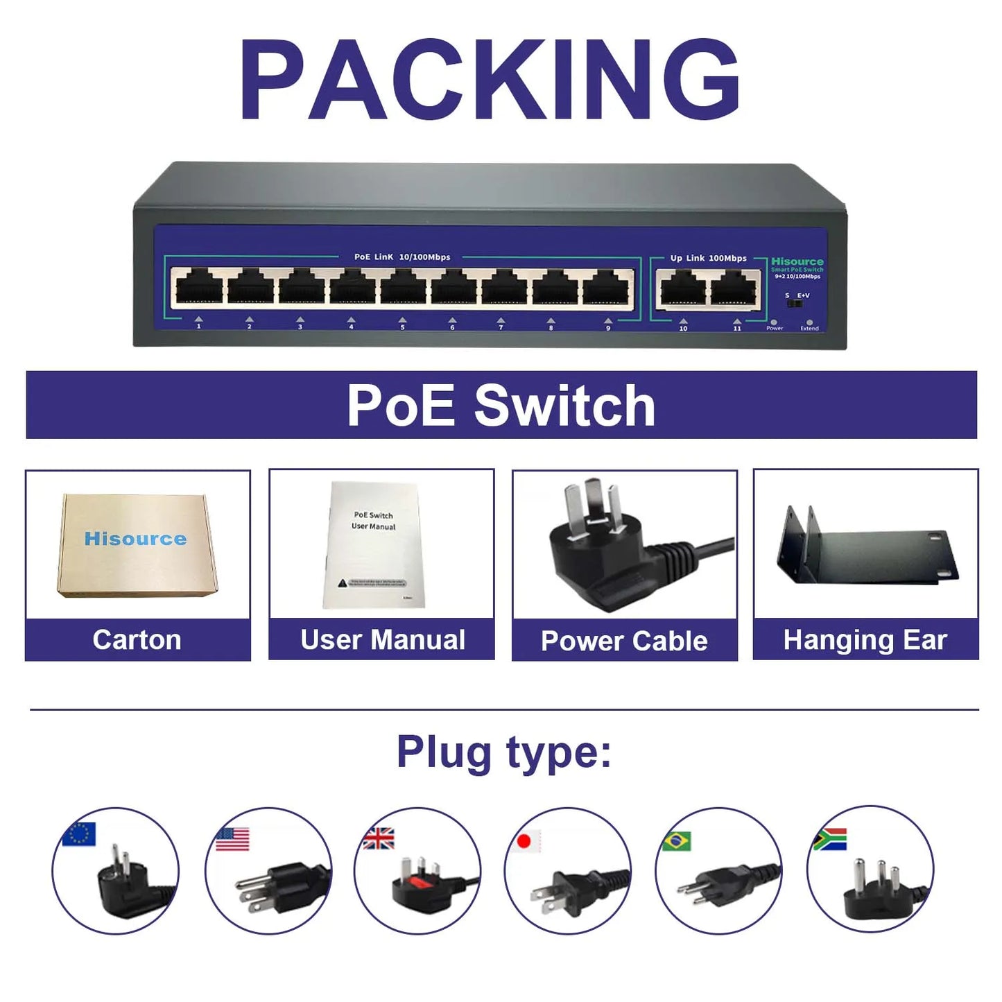 Switch PoE Fast Ethernet 10 Portas 120W - IEEE 802.3af/at 10/100Mbps VLAN Proteção Raios Câmeras IP