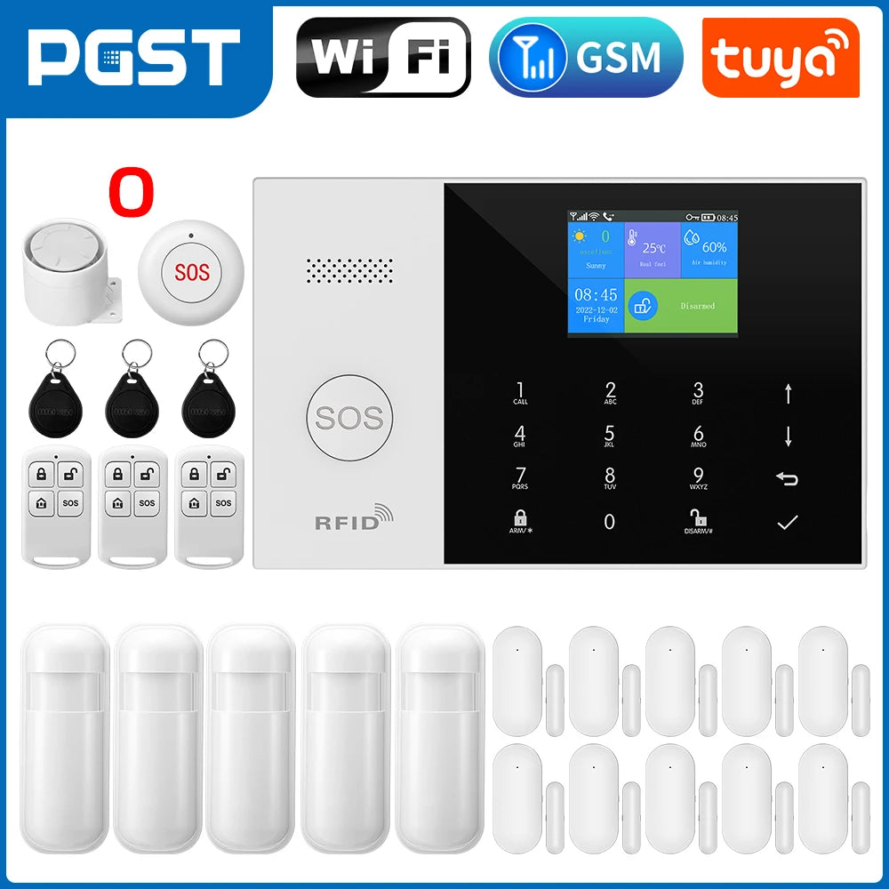 Pgst residencial tuya inteligente gsm wifi sistema de alarme para casa alarme segurança sem fio casa vida inteligente app controle trabalho com alexa