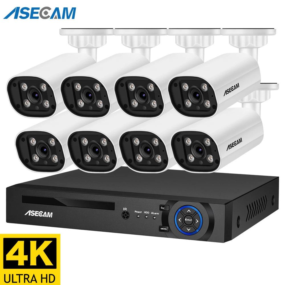 Kit Câmera de Segurança 8MP 4K com NVR 8 Canais Detecção Humana IA Áudio Visão Noturna Colorida IP67 - ASECAM