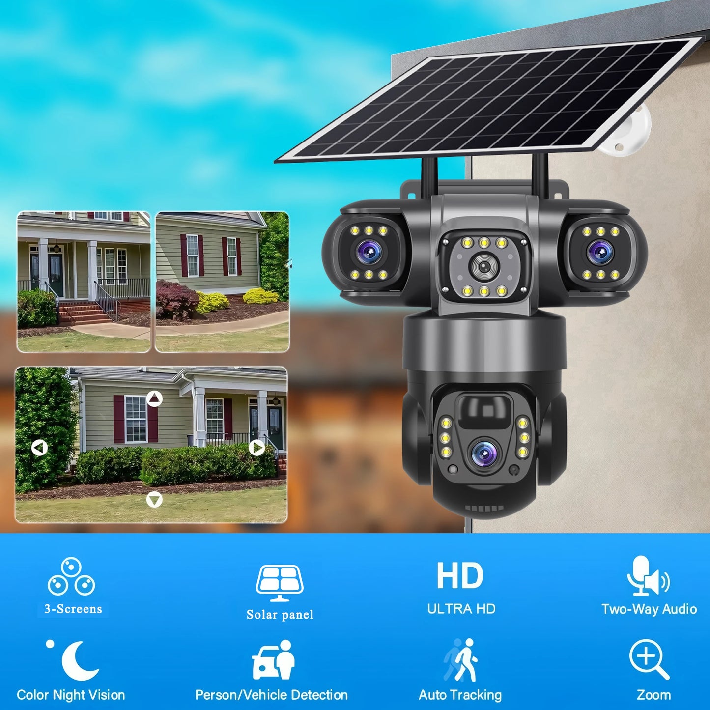 V380PRO 3 Lente WiFi Câmera Solar 15MP 360 Ao Ar Livre À Prova D 'Água CCTV Visão Noturna Câmera de Áudio Bidirecional Rastreamento Móvel 4G Câmera IP