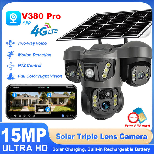 Câmera de Segurança Solar 4G Externa Sem Fio 15MP com Lente Tripla, Detecção Humana por IA, Rastreamento de Movimento e Áudio Bidirecional para Vigilância CCTV