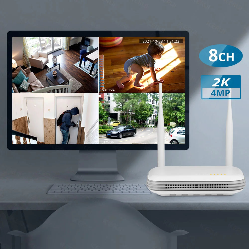 NVR 8 Canais WiFi 4MP/5MP com Tela 10.1" H.265 ONVIF para Câmeras Sem Fio - Kerui N1008L