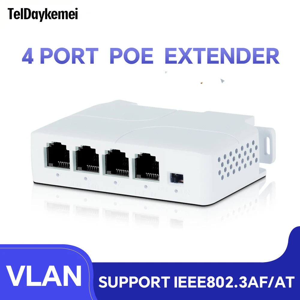 Extensor PoE TelDaykemei 4 Portas Repetidor - Transmissão IP Câmera NVR Switch Compacto 82x52x23mm CE FCC
