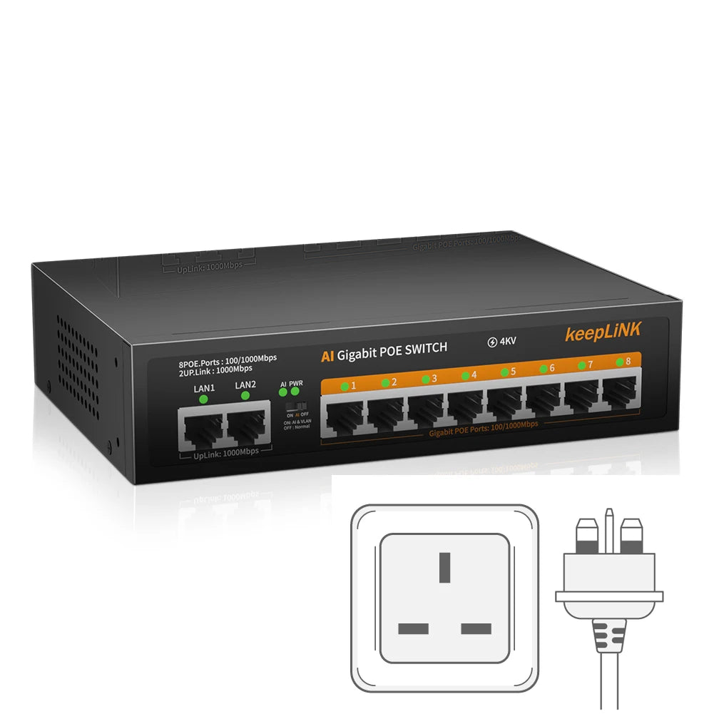 Switch Gigabit PoE KeepLiNK 10 Portas Fanless - 8 PoE+ 2 Uplink IEEE 802.3af/at 135W VLAN Câmeras IP