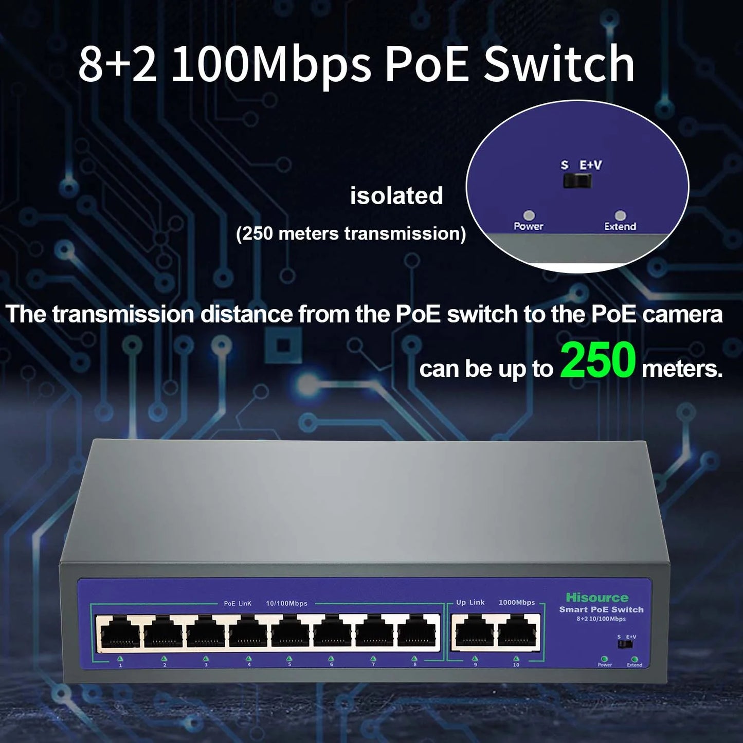 Switch PoE Fast Ethernet 10 Portas 120W - IEEE 802.3af/at 10/100Mbps VLAN Proteção Raios Câmeras IP