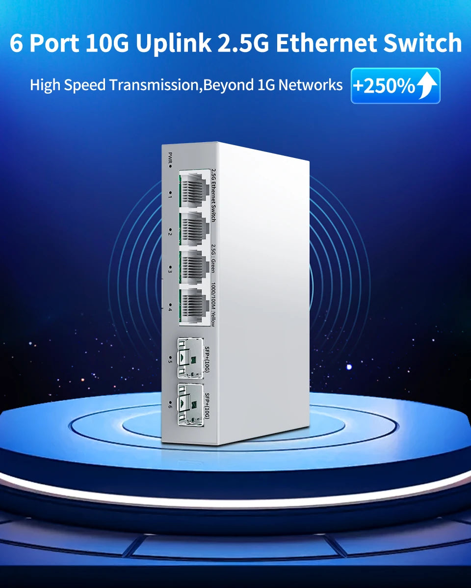 Switch 2.5Gb HORACO 6 Portas - 4x 2.5GBASE-T RJ45 + 2x 10G SFP+ 60Gbps Plug & Play Sem Ventilador