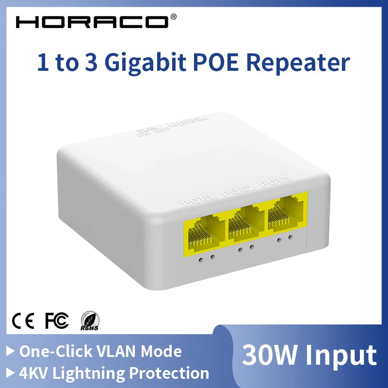 Extensor PoE Gigabit HORACO 4 Portas 30W - Repetidor IEEE 802.3af/at 10/100/1000Mbps Plug & Play Switch NVR Câmera IP