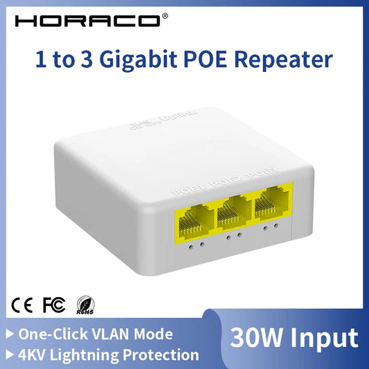 Extensor PoE Gigabit HORACO 4 Portas 30W - Repetidor IEEE 802.3af/at 10/100/1000Mbps Plug & Play Switch NVR Câmera IP
