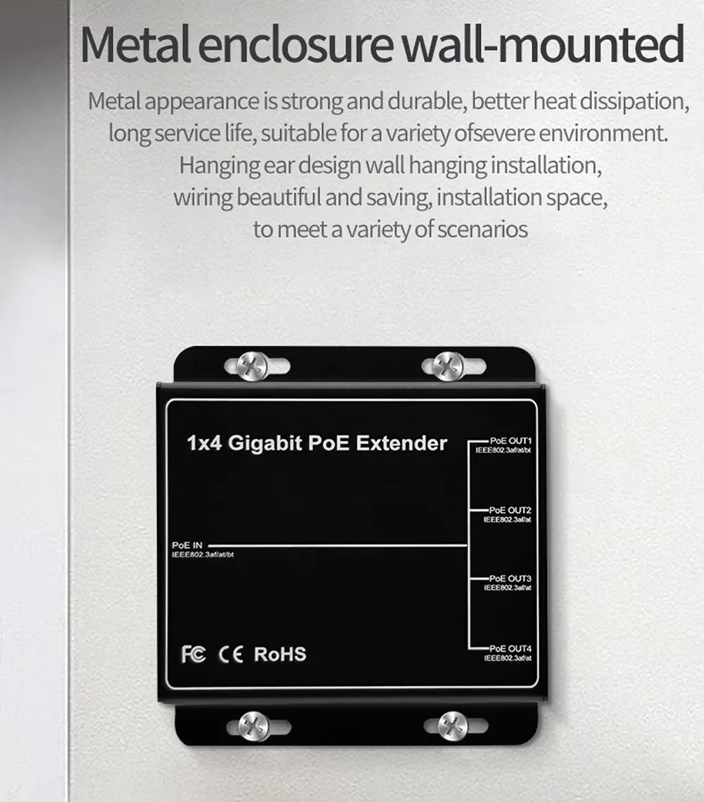 Extensor PoE Gigabit HSmartcam 4 Portas 90W - Repetidor IEEE 802.3af 100/1000Mbps Plug & Play Câmera IP NVR