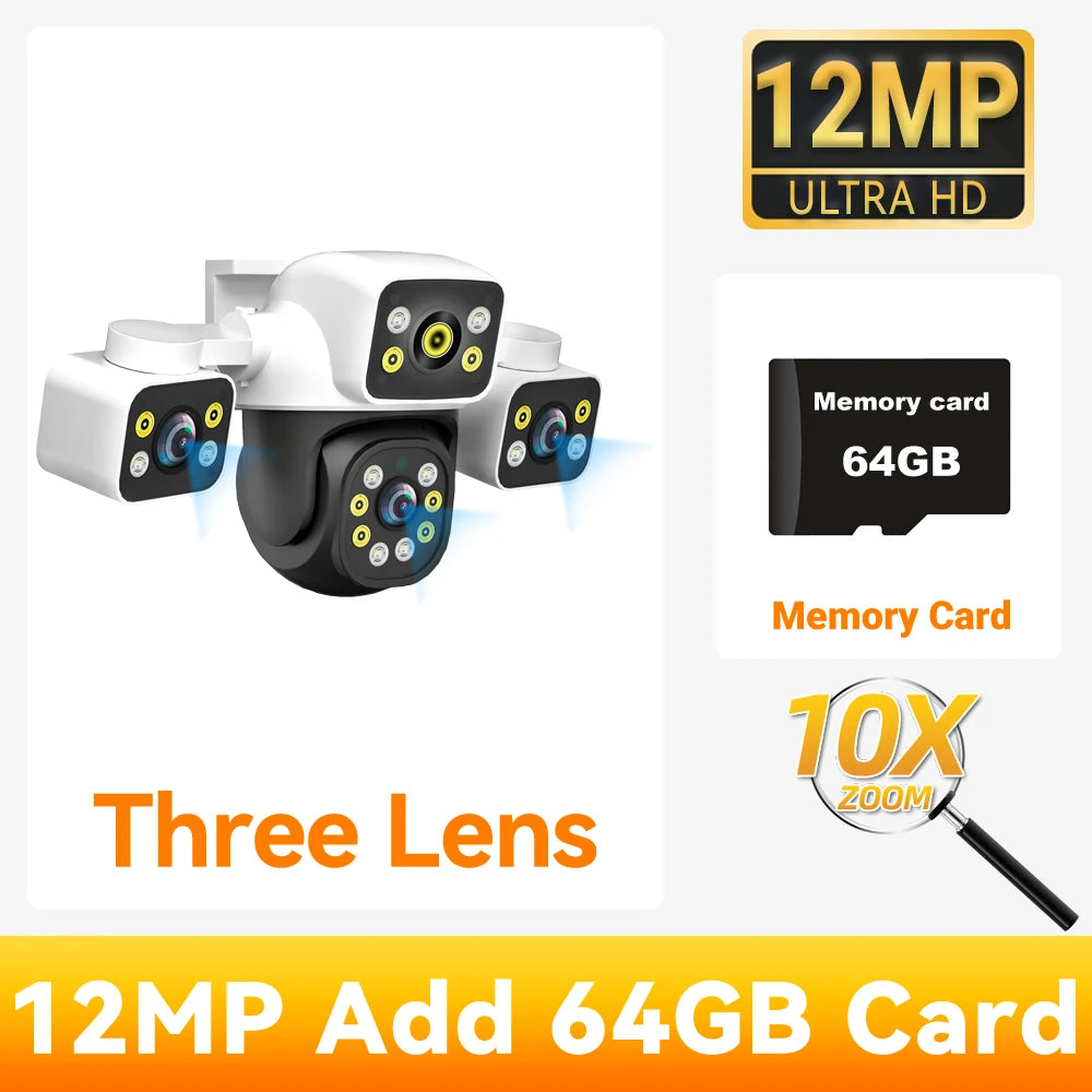 Câmera WiFi PTZ 12MP 6K Três Lentes Três Telas Zoom 10x Rastreamento Automático Alarme Visual IP66 PEGATAH