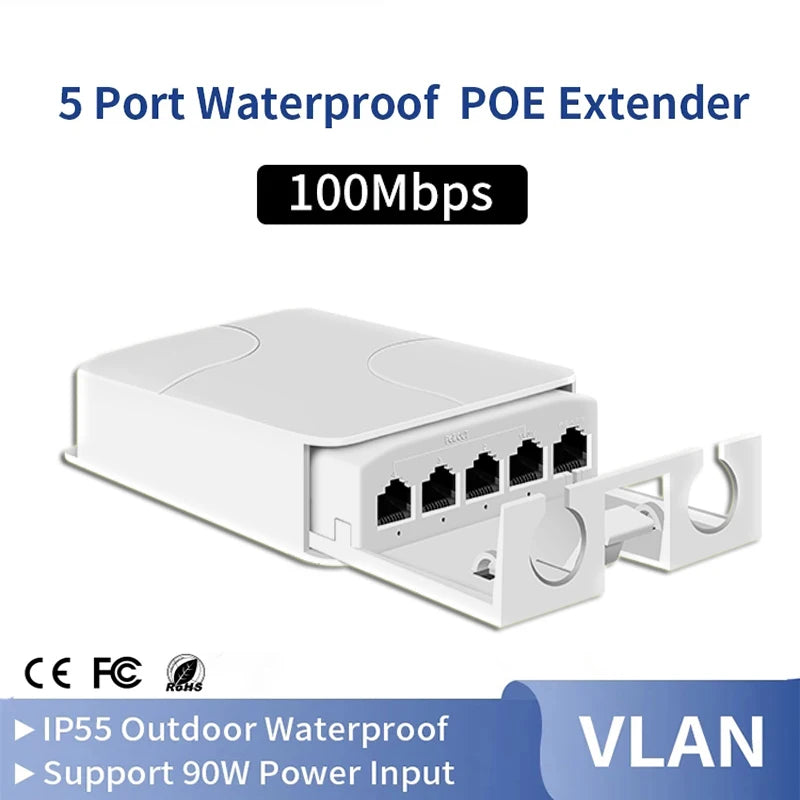 Extensor PoE À Prova D'Água 5 Portas IP55 - Repetidor 4 Portas 100/1000Mbps VLAN 44-57V Externo Câmera AP
