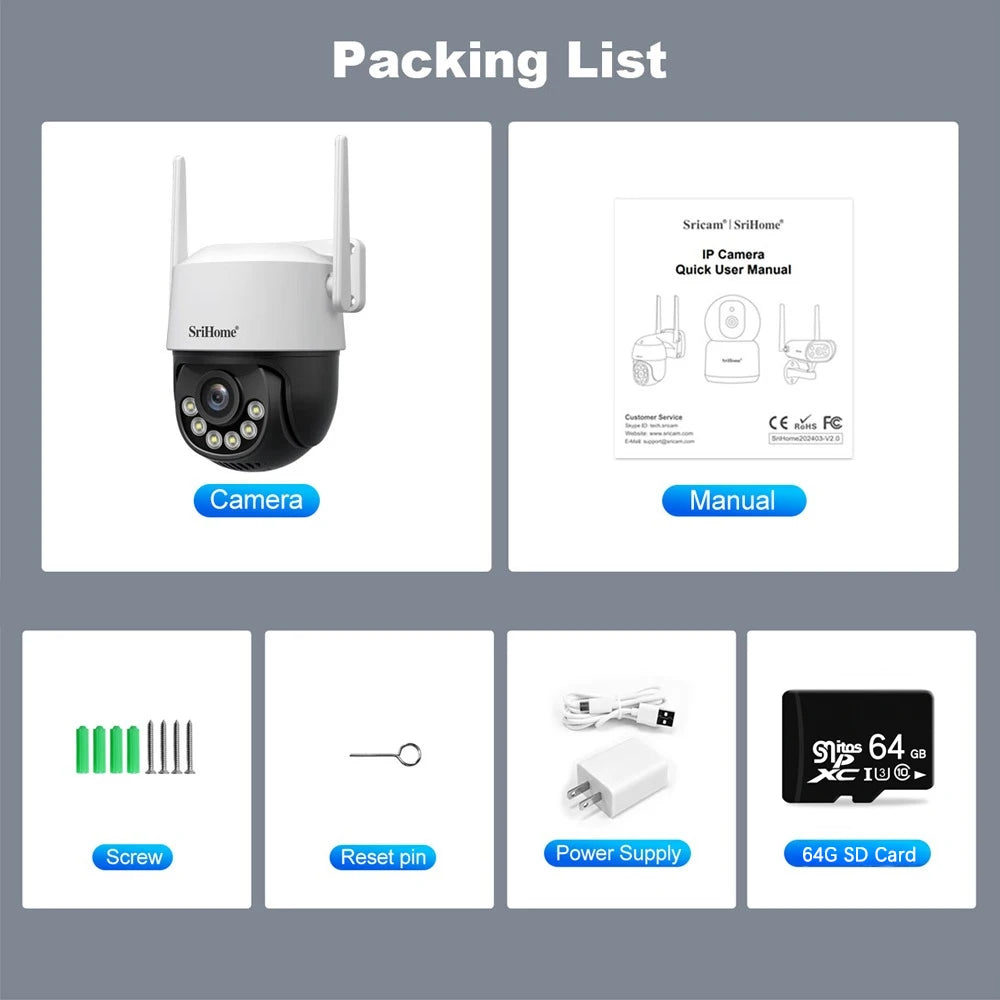 Srihome 8MP 4K WiFi PTZ Câmera Smart Color Night Vision IP66 Segurança externa 360 °   Cobertura Smart Auto Tracking SH072