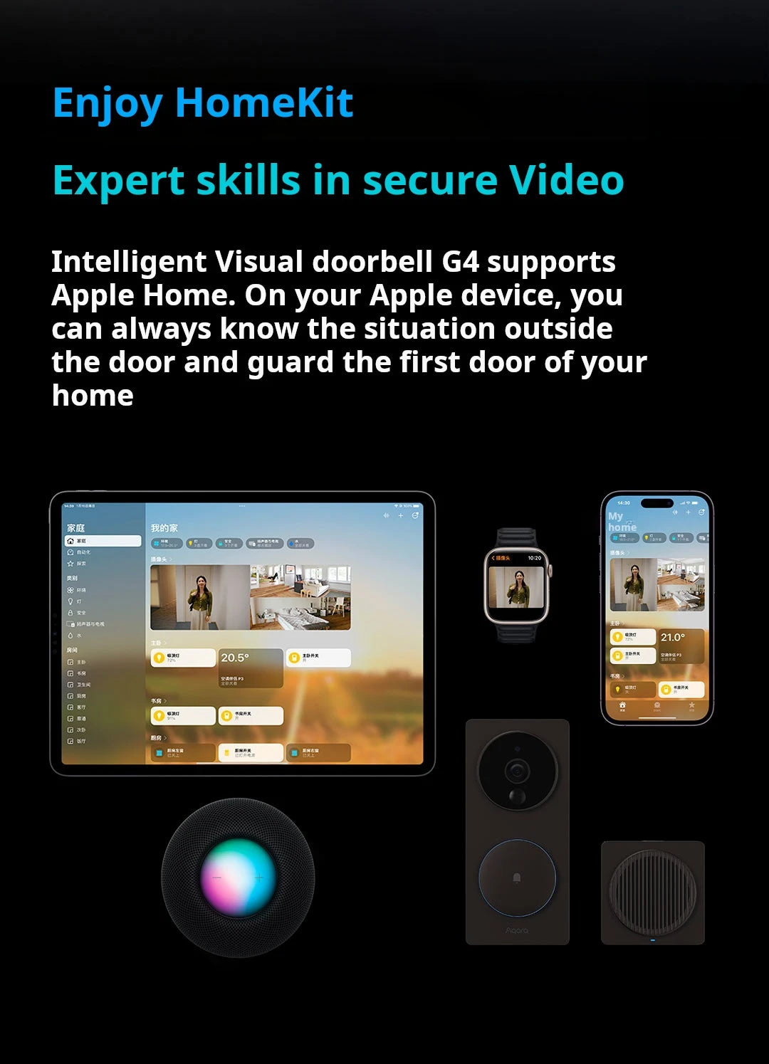 Aqara wi fi inteligente vídeo campainha g4 sem fio 1080p hd câmera ir alarme de segurança casa inteligente campainha da porta wi fi intercom para casa