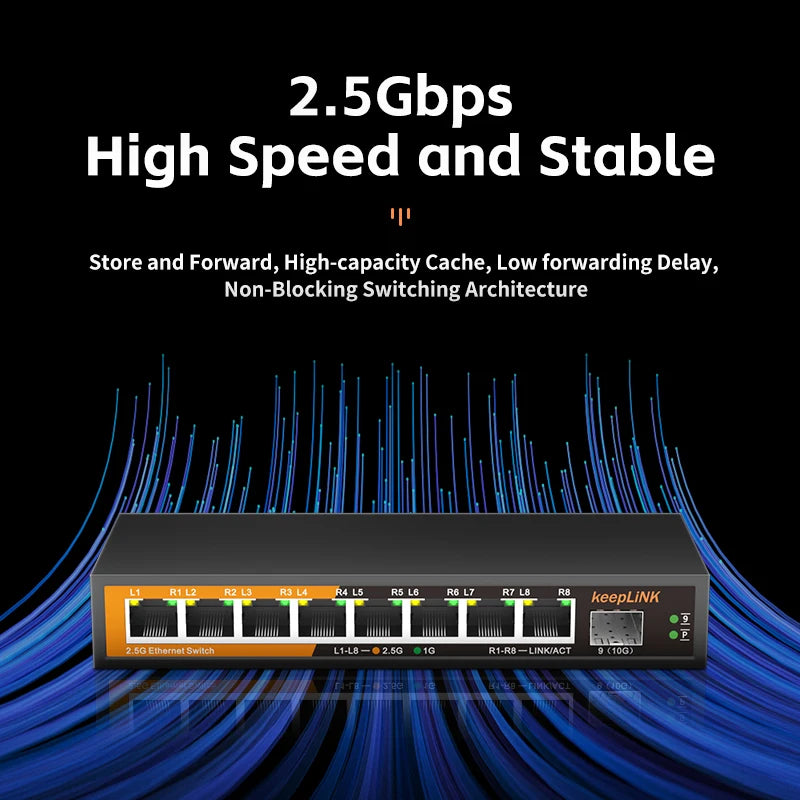 Switch 2.5Gbps KeepLiNK 9 Portas Fanless - 8x 2.5G RJ45 + 1x 10Gb SFP+ 60Gbps VLAN Metal