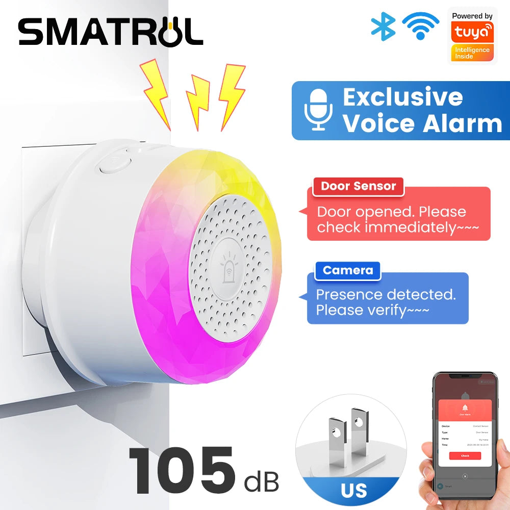 Sensor de Alarme de Som e Luz SMATRUL Tuya WiFi com Plugue EU, US, UK para Controle pelo App Smart Life, Sensor de Porta/Janela, Câmera, Solo
