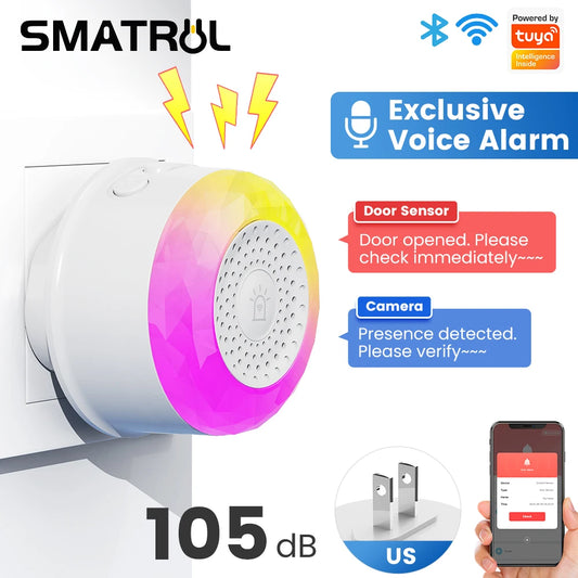 Sensor de Alarme de Som e Luz SMATRUL Tuya WiFi com Plugue EU, US, UK para Controle pelo App Smart Life, Sensor de Porta/Janela, Câmera, Solo