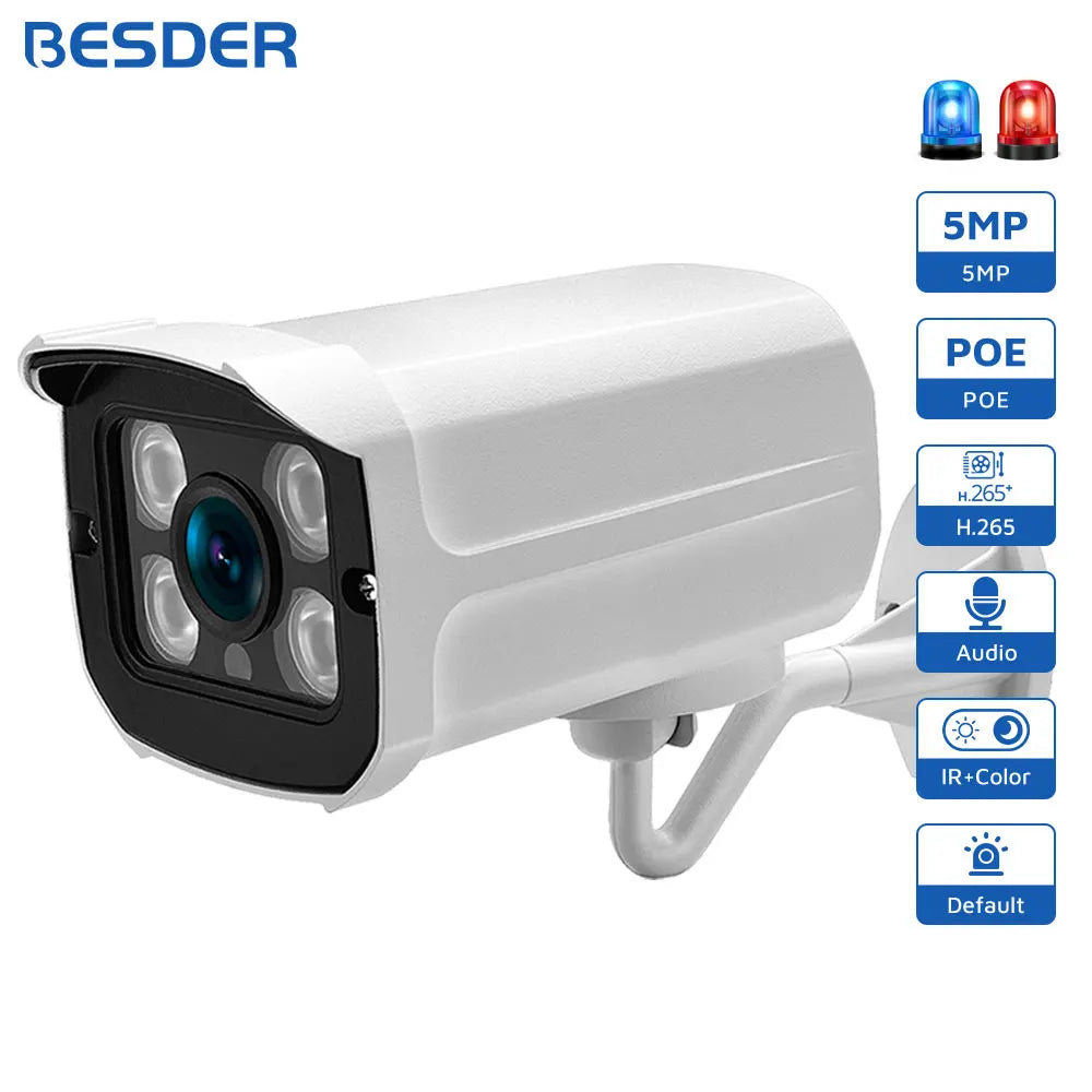 Câmera IP PoE Bullet 2MP/3MP/5MP/8MP com Detecção Humana H.265 ONVIF IP66 Visão Noturna 30m - BESDER