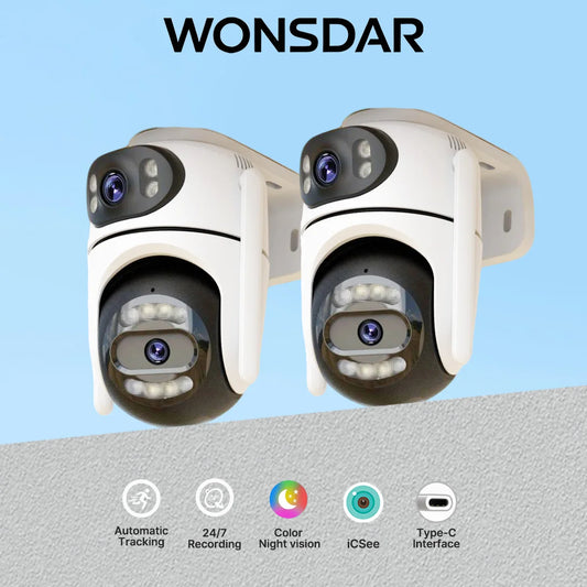 Wonscar 2 pçs câmera ip ai rastreamento automático inteligente monitor de visão noturna áudio bidirecional avaliado ip66 proteção vigilância segurança icsee