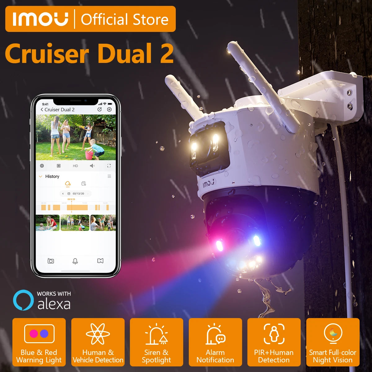 Câmera IMOU Cruiser Dual 2 10MP PTZ WiFi com Lente Dupla, Luz de Alerta Vermelha e Azul, Detecção de Veículos e Pessoas