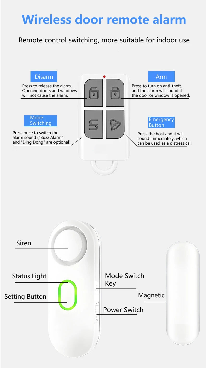 Alarme de janela de porta sem fio com controle remoto, 3 modos (bem/porta aberta/alarme), instalação de montagem em fita dupla face,