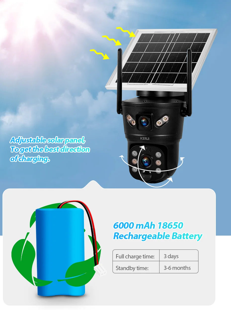 Câmera Solar WiFi/4G 6MP Lente Dupla À Prova D'Água com Painel Solar - Kerui D05